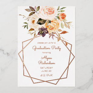 Invitación Con Relieve Metalizado Marco floral rosa y melocotón para fiesta de gradu