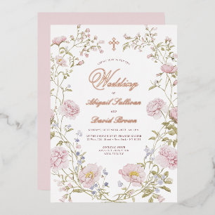 Invitación Con Relieve Metalizado Marco floral sonrosado boda religiosa