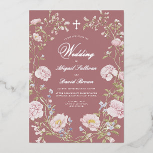 Invitación Con Relieve Metalizado Marco floral sonrosado en boda religiosa rosa polv