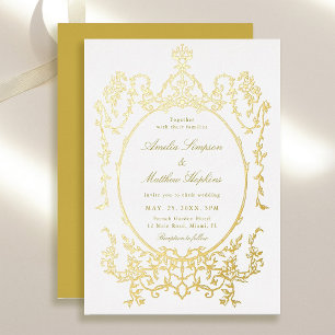 Invitación Con Relieve Metalizado Marco Floral Victoriano Boda Dorado