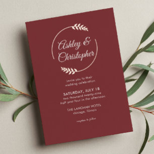 Invitación Con Relieve Metalizado Marco Foliage moderno Boda Rosewood rojo