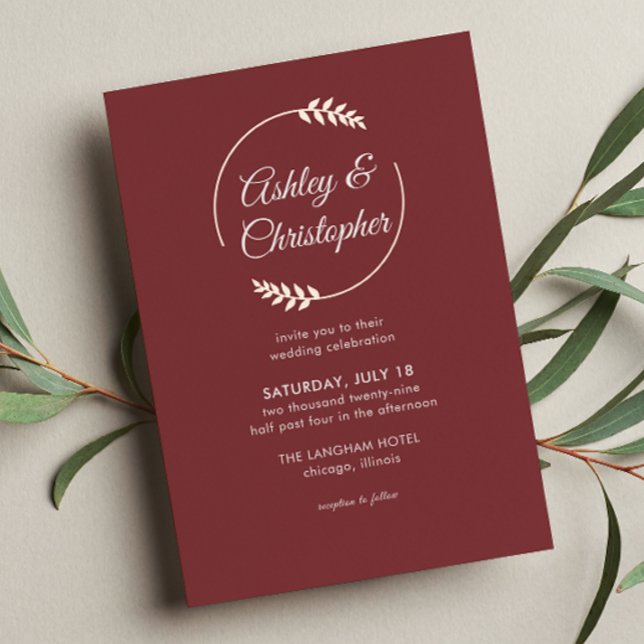 Invitación Con Relieve Metalizado Marco Foliage moderno Boda Rosewood rojo (Subido por el creador)