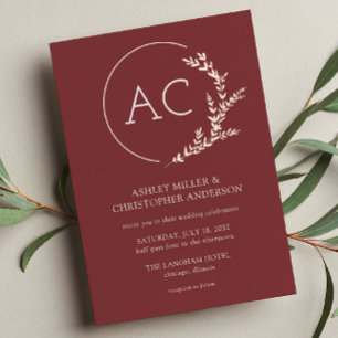 Invitación Con Relieve Metalizado Marco Foliage moderno Boda Rosewood rojo
