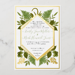 Invitación Con Relieve Metalizado Marco Geométrico Afortunado En Amor Y Boda Oro
