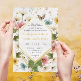 Invitación Con Relieve Metalizado Marco Geométrico Afortunado En El Amor Boda Oro