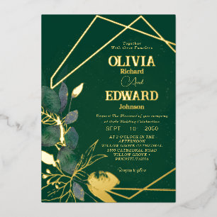 Invitación Con Relieve Metalizado Marco geométrico boda de hoja verde y pan de oro