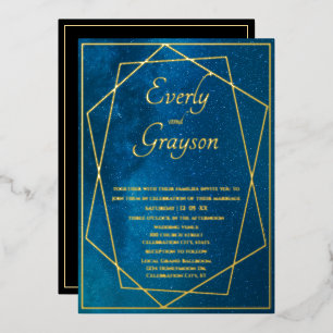 Invitación Con Relieve Metalizado Marco geométrico cielo nocturno azul y boda dorada