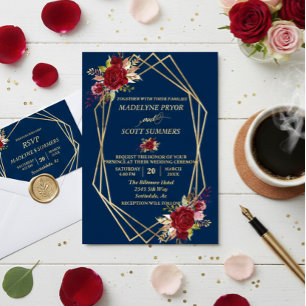 Invitación Con Relieve Metalizado Marco geométrico dorado Flor de acuarela borgoña
