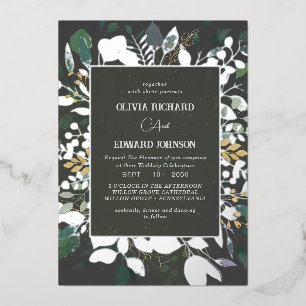 Invitación Con Relieve Metalizado Marco geométrico verde y hojas de oro plateado