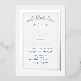 Invitación Con Relieve Metalizado Marco griego plateado embelesamiento azul bautizo