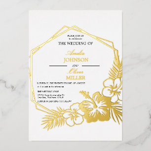 Invitación Con Relieve Metalizado Marco hexagonal floral de hibisco boda dorado
