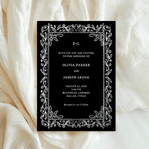Invitación Con Relieve Metalizado Marco Ilustrado de Lujo en Negro Boda Plata