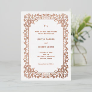 Invitación Con Relieve Metalizado Marco Ilustrado de Lujo en Rosa Dorado de Boda Bla