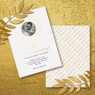 Invitación Con Relieve Metalizado Marco inspirado en joyas y foto de boda blanca