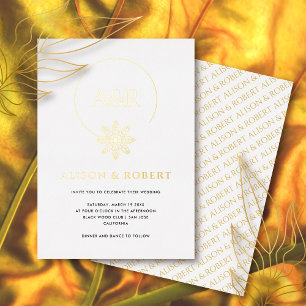 Invitación Con Relieve Metalizado Marco inspirado en joyas y iniciales boda blanca