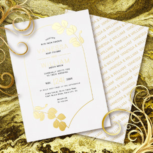 Invitación Con Relieve Metalizado Marco inspirado en joyería y boda de hojas blancas