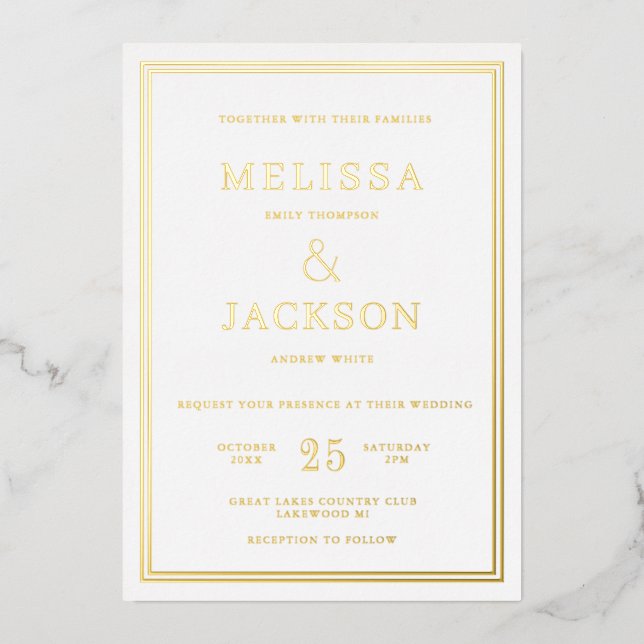 Invitación Con Relieve Metalizado Marco minimal moderno matrimonio elegante (Anverso)