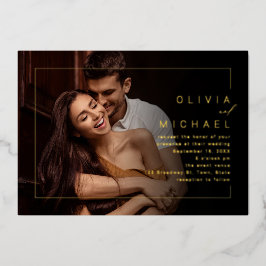 Invitación Con Relieve Metalizado Marco moderno chic minimalista foto boda hoja de a