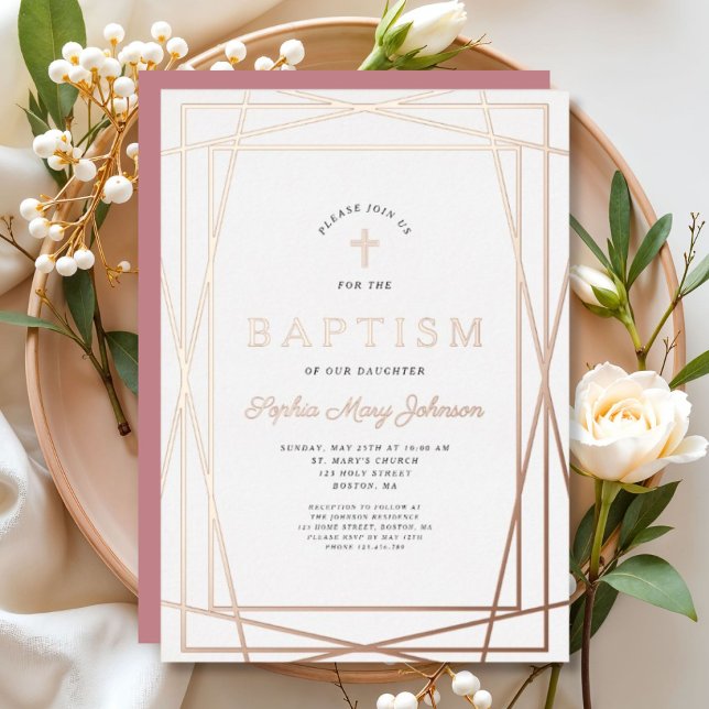 Invitación Con Relieve Metalizado Marco moderno Chica rosa Bautismo Rosa Oro (Modern Frame Pink Girl Baptism Rose Gold Foil Invitation)