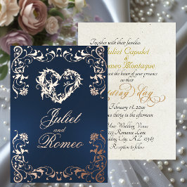 Invitación Con Relieve Metalizado Marco Ornamentado & Corazón - Azul