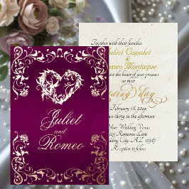 Invitación Con Relieve Metalizado Marco Ornamentado & Corazón - Ciruela