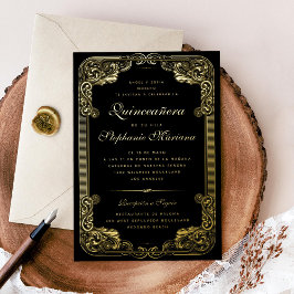 Invitación Con Relieve Metalizado Marco ornamentado negro y dorado para Quinceañera