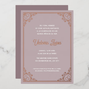 Invitación Con Relieve Metalizado Marco Ornate Moderno Rosa Claro Quinceañera Dorado
