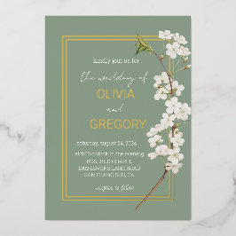 Invitación Con Relieve Metalizado Marco Simple y Elegante de Flor de Cerezo Blanca y
