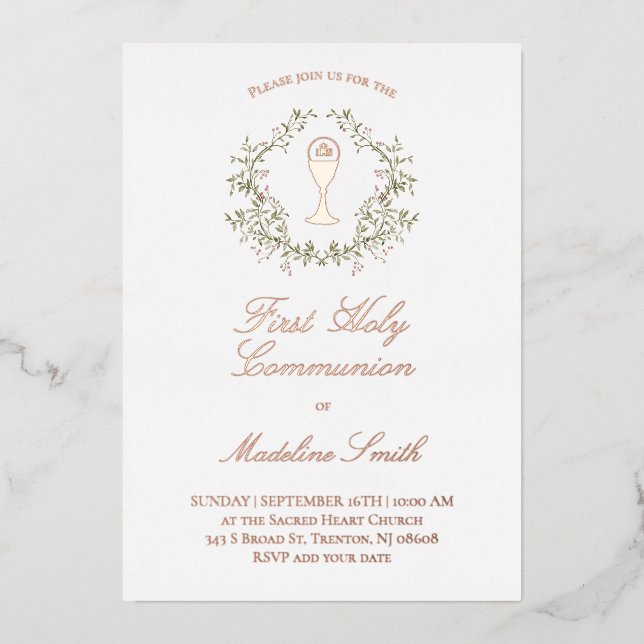 Invitación Con Relieve Metalizado marco verde Primera comunión sagrada (Anverso)