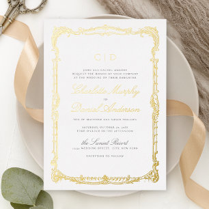 Invitación Con Relieve Metalizado Marco Vintage Dorado Clásico Monograma Boda Script
