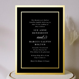 Invitación Con Relieve Metalizado Marcos Dorados Caligrafía Clásica Formal Boda