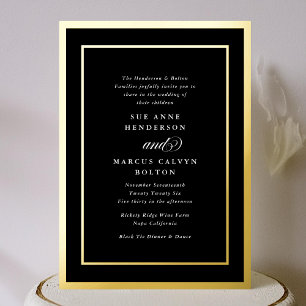 Invitación Con Relieve Metalizado Marcos Dorados Caligrafía Clásica Formal Boda