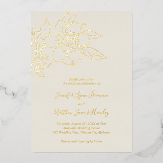 Invitación Con Relieve Metalizado Marfil Line Arte Floral Elegante Boda (Anverso)