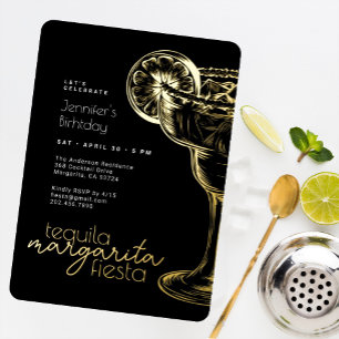 Invitación Con Relieve Metalizado Margarita negra moderna Fiesta fiesta de cumpleaño