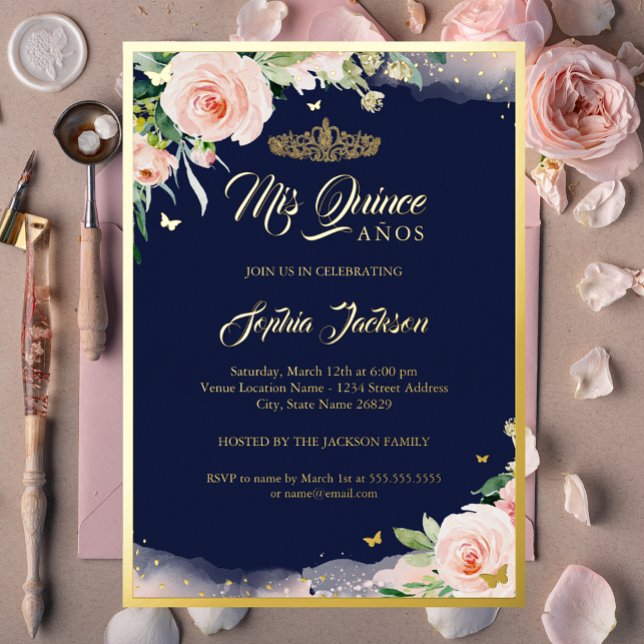 Invitación Con Relieve Metalizado Marina Floral Rosa Quinceanera Cumpleaños (Subido por el creador)