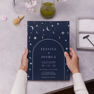 Invitación Con Relieve Metalizado Marino Celeste Arco Estrella Luna Plata