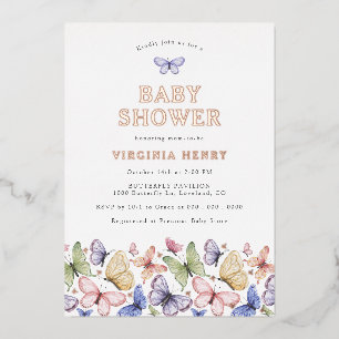 Invitación Con Relieve Metalizado Mariposa Baby Shower
