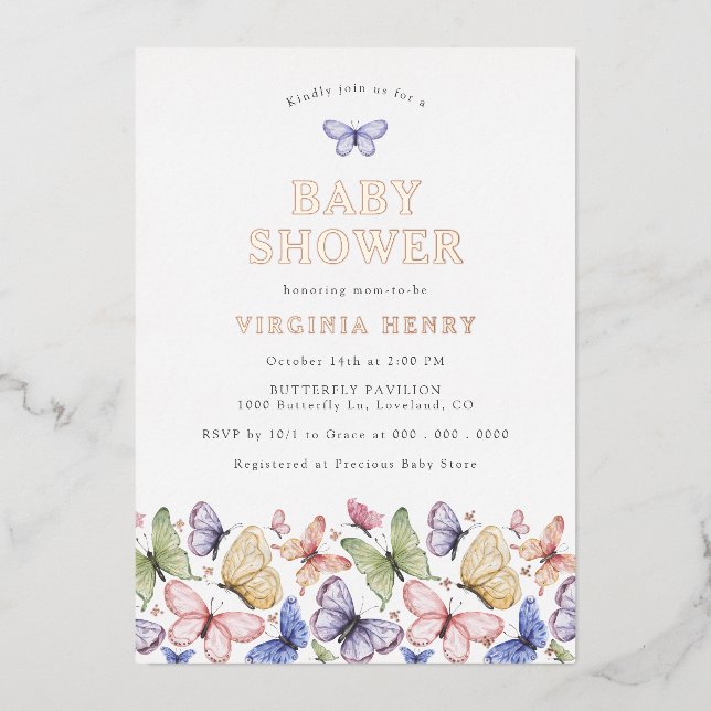 Invitación Con Relieve Metalizado Mariposa Baby Shower (Anverso)