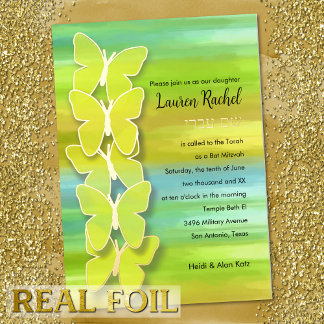 Invitación Con Relieve Metalizado Mariposa Bat Mitzvah Acuarela Azul Verde Amarillo