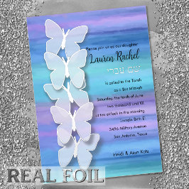 Invitación Con Relieve Metalizado Mariposa Bat Mitzvah Acuarela Turquesa Purpura