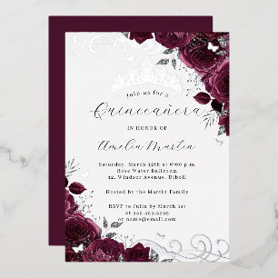 Invitación Con Relieve Metalizado Mariposa Borgoña Floral de Plata Quinceañera  