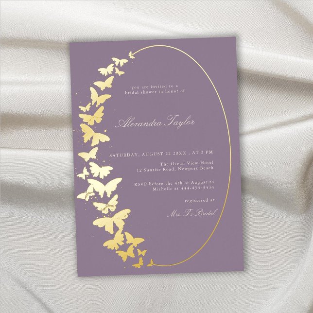 Invitación Con Relieve Metalizado Mariposa Bridal Shower Lavender Elegante Boho Gold (Subido por el creador)
