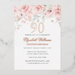 Invitación Con Relieve Metalizado Mariposa Brillante Rosa Pálido Cumpleaños 90 