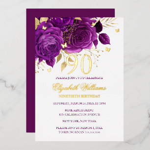 Invitación Con Relieve Metalizado Mariposa Brillante Rosa Púrpura Cumpleaños 90 