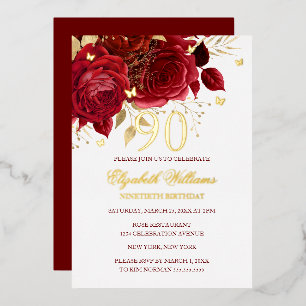Invitación Con Relieve Metalizado Mariposa Brillante Rosa Roja Cumpleaños 90