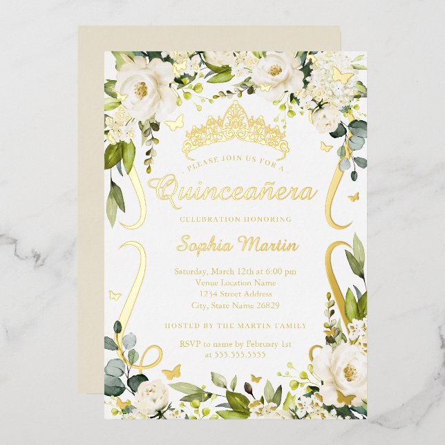 Invitación Con Relieve Metalizado Mariposa Champagne Floral Gold Quinceanera (Anverso/Reverso)