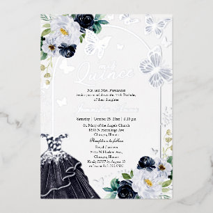 Invitación Con Relieve Metalizado Mariposa de Azul Oscuro Quince