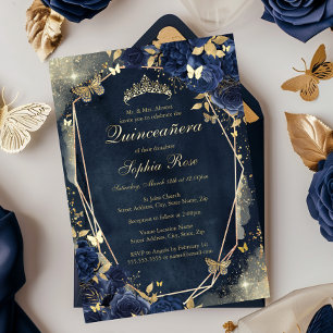 Invitación Con Relieve Metalizado Mariposa de Brillo Floral Navy Oro Quinceañera