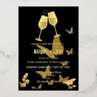 Invitación Con Relieve Metalizado Mariposa de copa de vino dorado boda