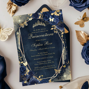 Invitación Con Relieve Metalizado Mariposa de destellos florales dorados Quinceañera